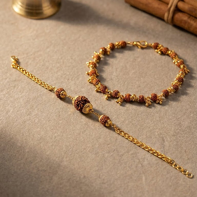 Shiva-Shakti Duo: Rudraksha Link Chain & Gold-Finish Bracelet