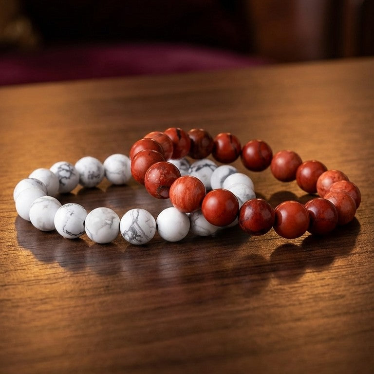 Howlite Stone Bracelet & Red Jasper Bracelet Combo for Calmness and Strength