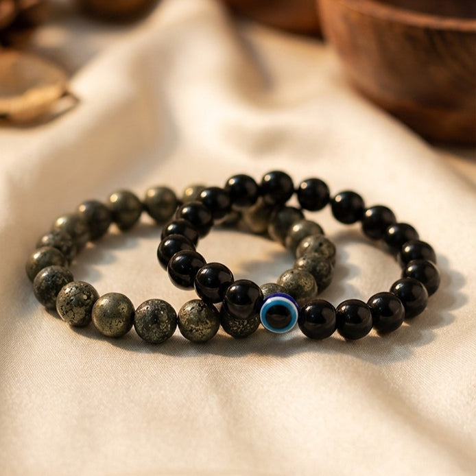 Raw Pyrite Stone Bracelet & Black Obsidian Evil Eye Bracelet Combo