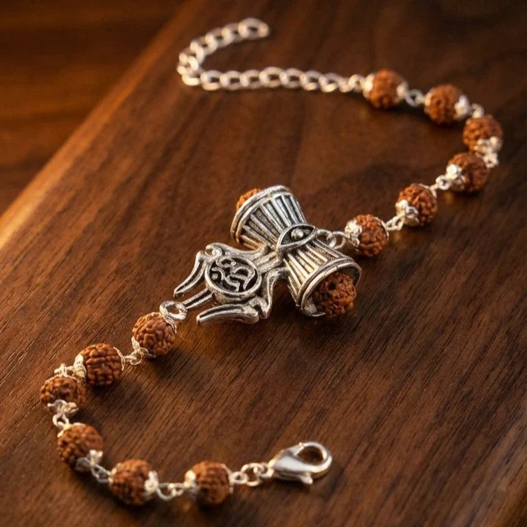 Silver Cap Rudraksha Bracelet with Trishul Damroo - view 3