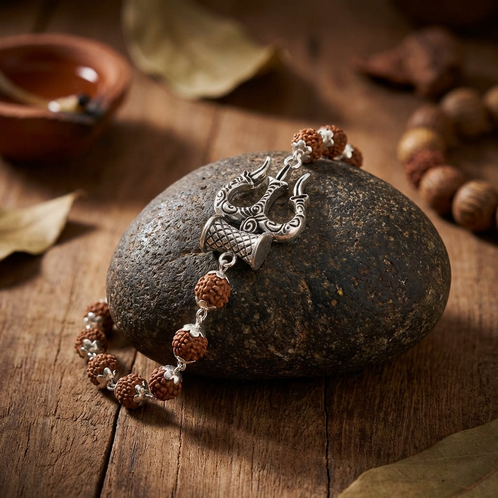 Silver Cap Rudraksha Bracelet with Trishul Damroo - view 6