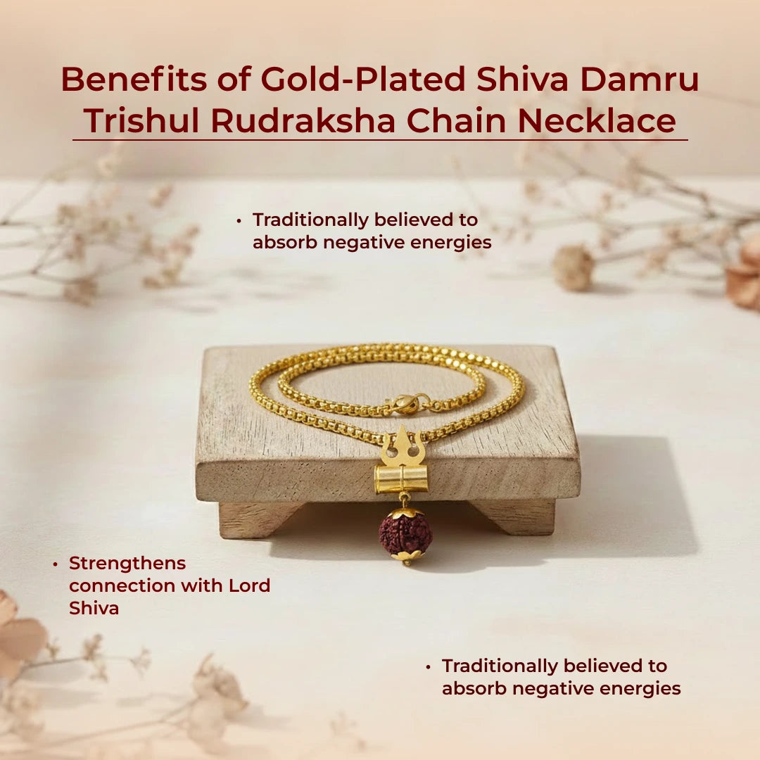 Gold-Plated Rudraksha Shiva Damroo Trishool Necklace - view 7