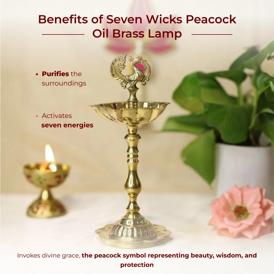 Seven Wicks Peacock Oil Brass Lamp - view 3