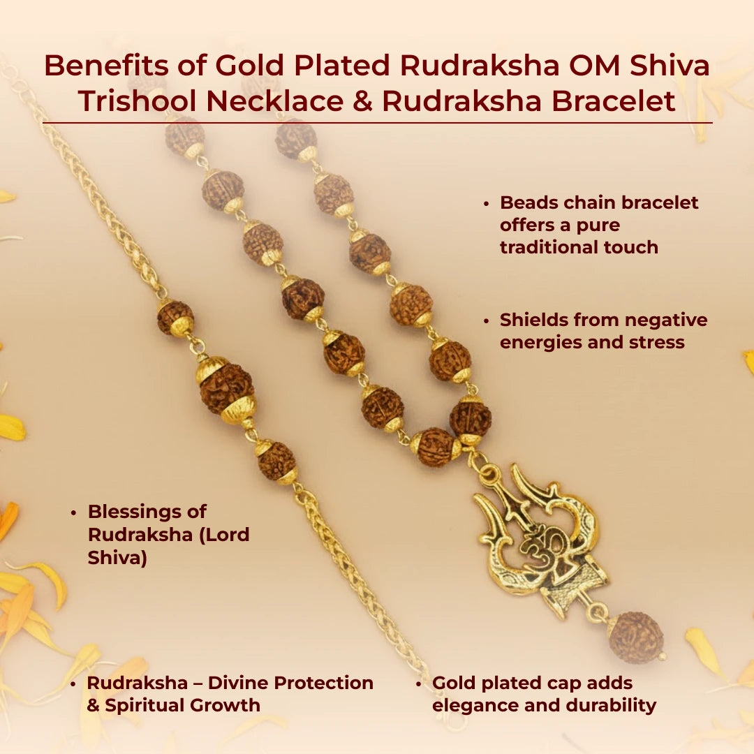Gold Plated Rudraksha OM Shiva Trishool Necklace & Rudraksha Bracelet - view 2