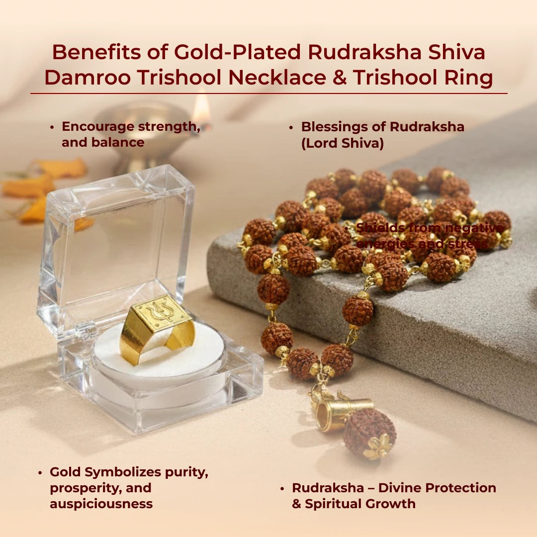 Gold-Plated Rudraksha Shiva Damroo Trishool Necklace & Trishool Ring