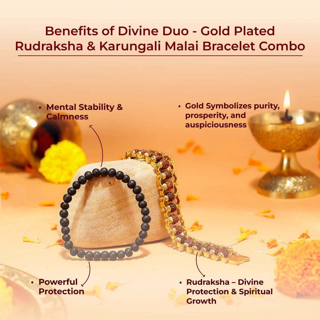 Divine Duo - Gold Plated Rudraksha & Karungali Malai Bracelet Combo - view 3