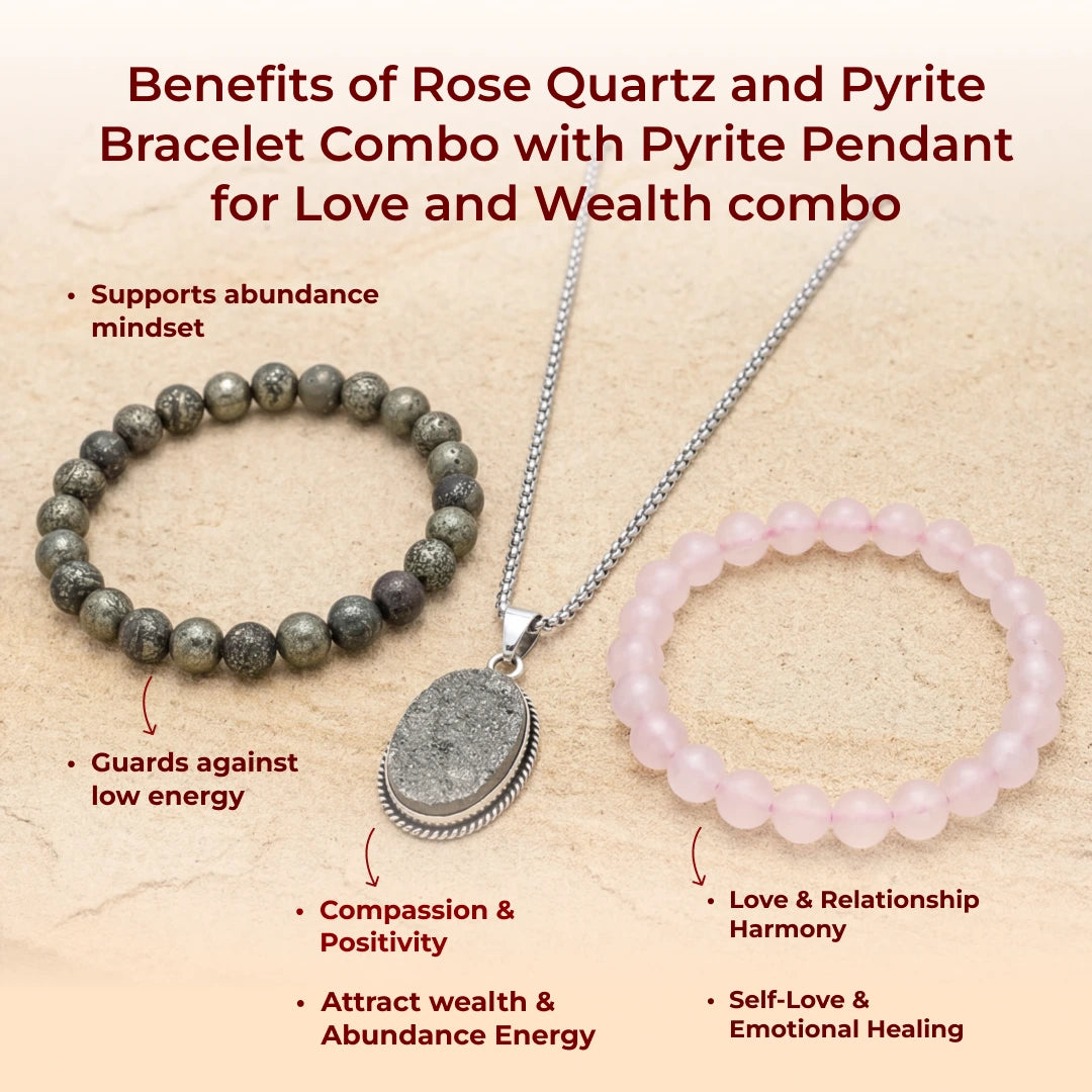 Rose Quartz and Pyrite Bracelet Combo with Pyrite Pendant for Love and Wealth combo - view 5