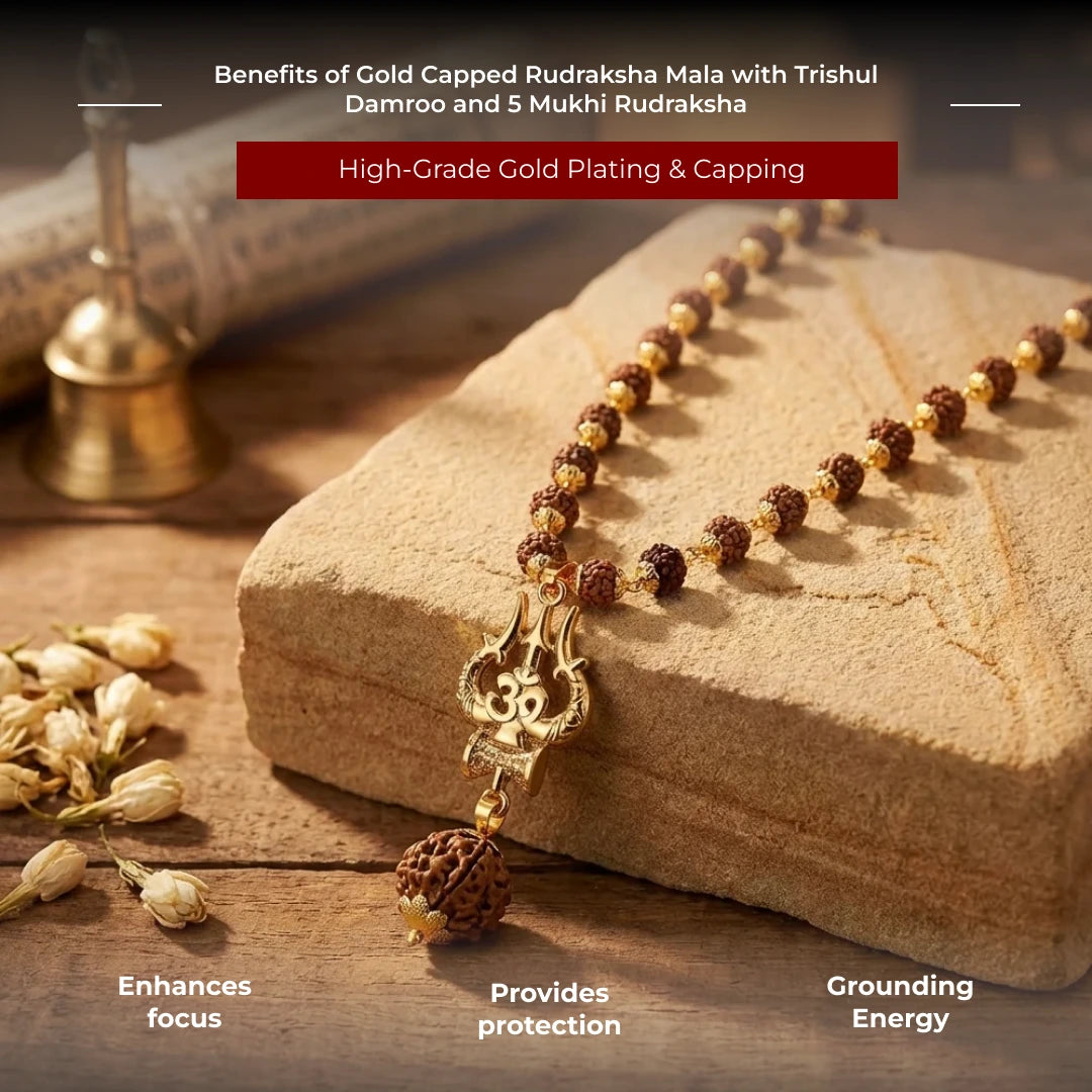 Gold Capped Rudraksha Mala with Trishul Damroo and 5 Mukhi Rudraksha - view 4