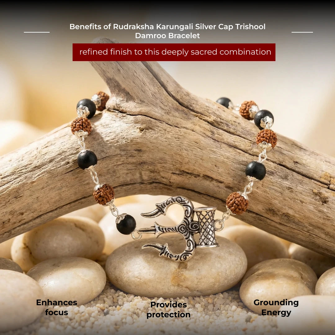 Rudraksha Karungali Silver Cap Trishool Damroo Bracelet - view 3