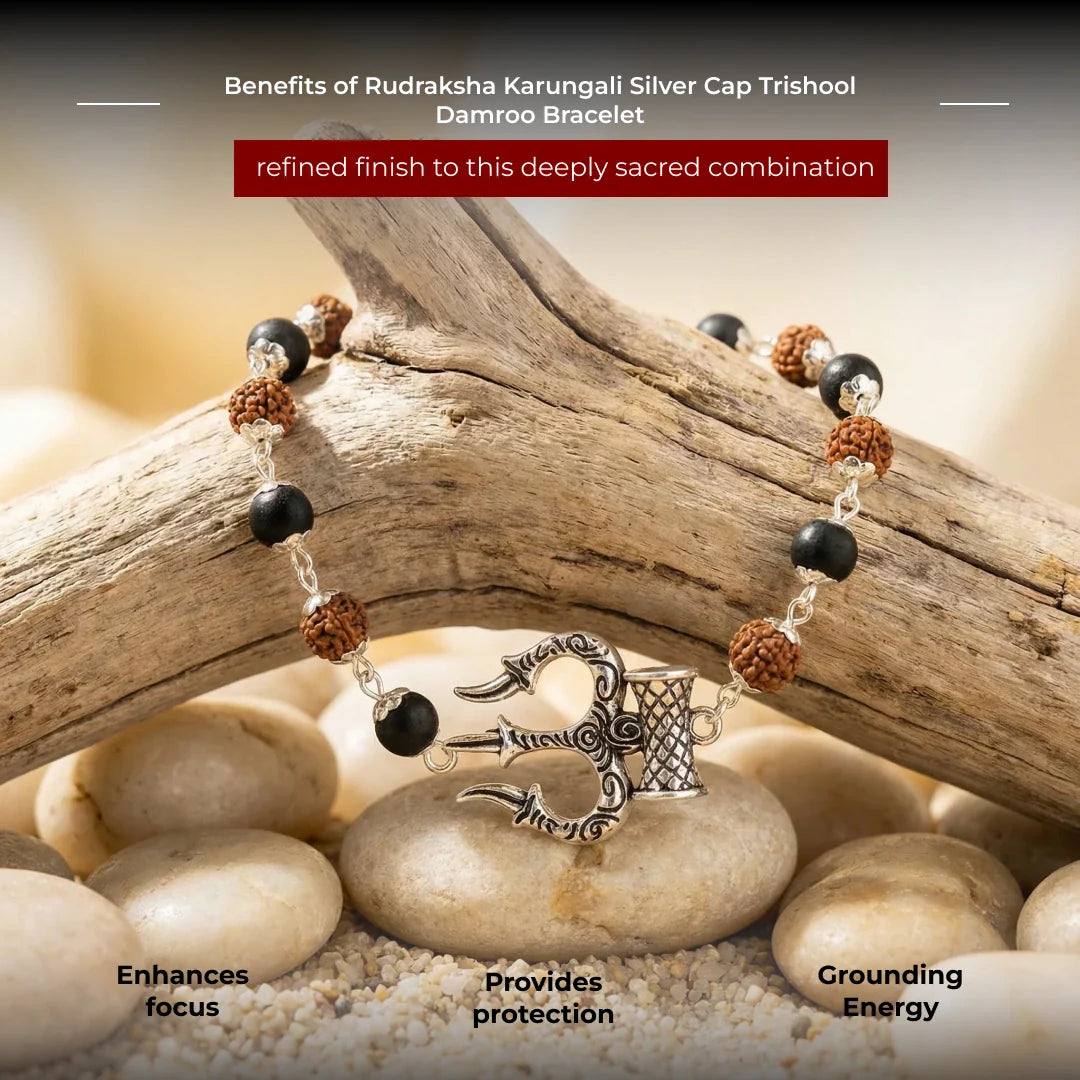 Rudraksha Karungali Silver Cap Trishool Damroo Bracelet - view 8