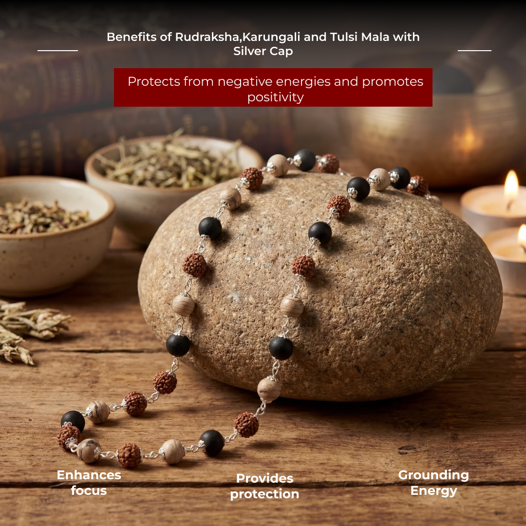 Rudraksha,Karungali and Tulsi Mala with Silver Cap - view 8