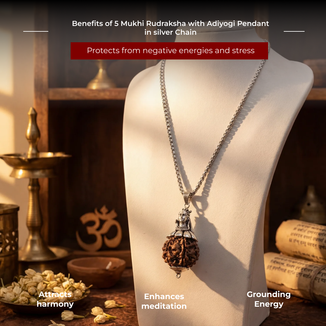 5 Mukhi Rudraksha with Adiyogi Pendant in silver Chain - view 3