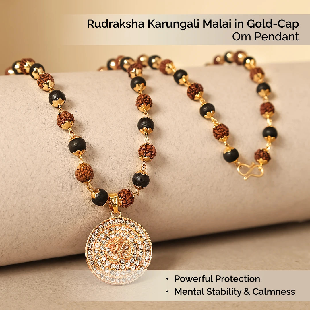 Rudraksha Karungali Malai in Gold-Cap with Om Pendant - view 3