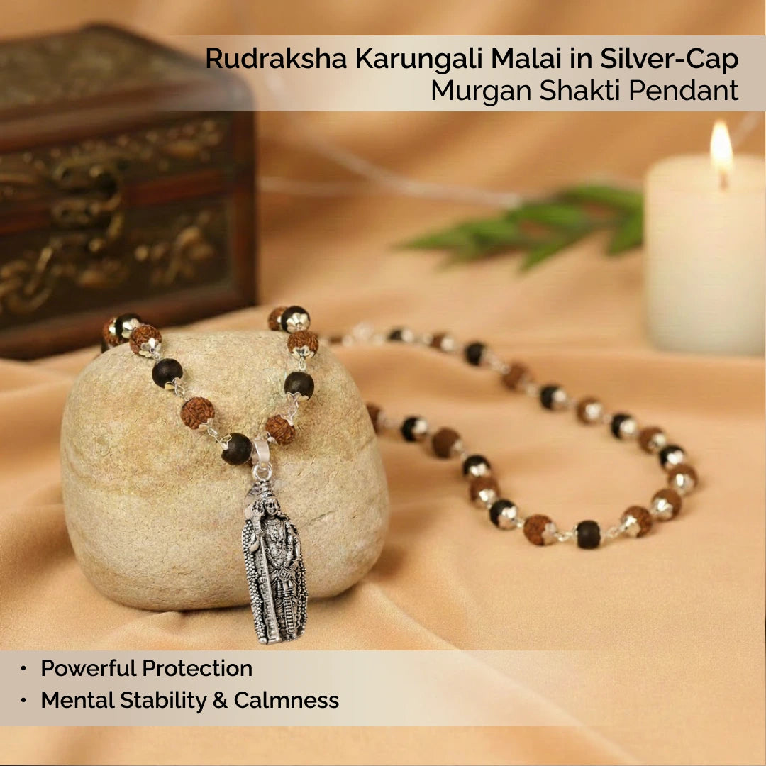 Rudraksha Karungali Malai in Silver-Cap with Murugan Shakti Pendant - view 3