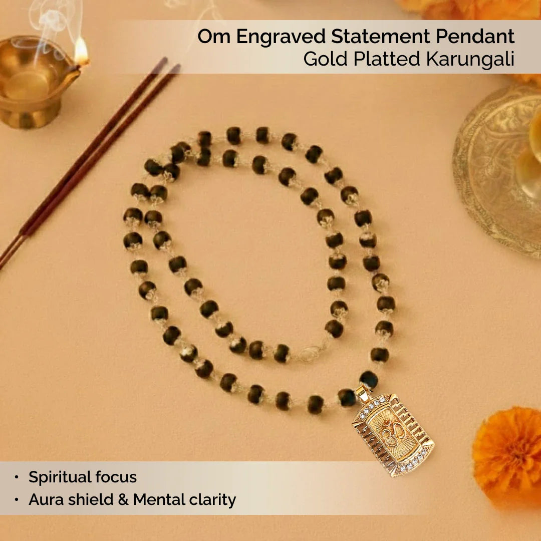 Om Engraved Statement Pendant with Gold Platted Karungali - view 6