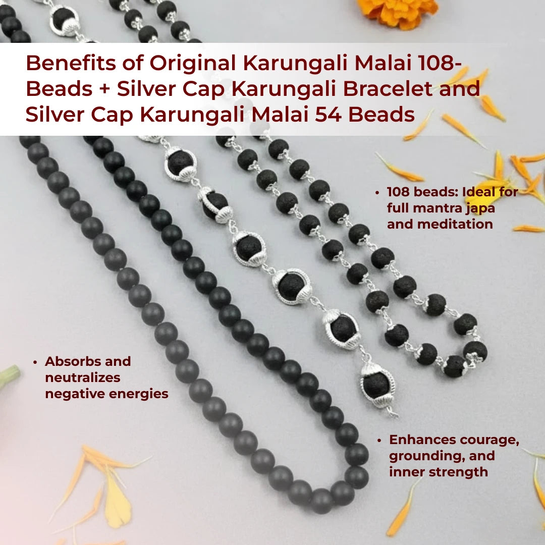 Original Karungali Malai 108-Beads + Silver Cap Karungali Bracelet and Silver Cap Karungali Malai 54 Beads with Govt.