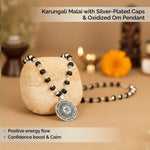 Karungali Malai with Silver-Plated Caps & Oxidized Om Pendant