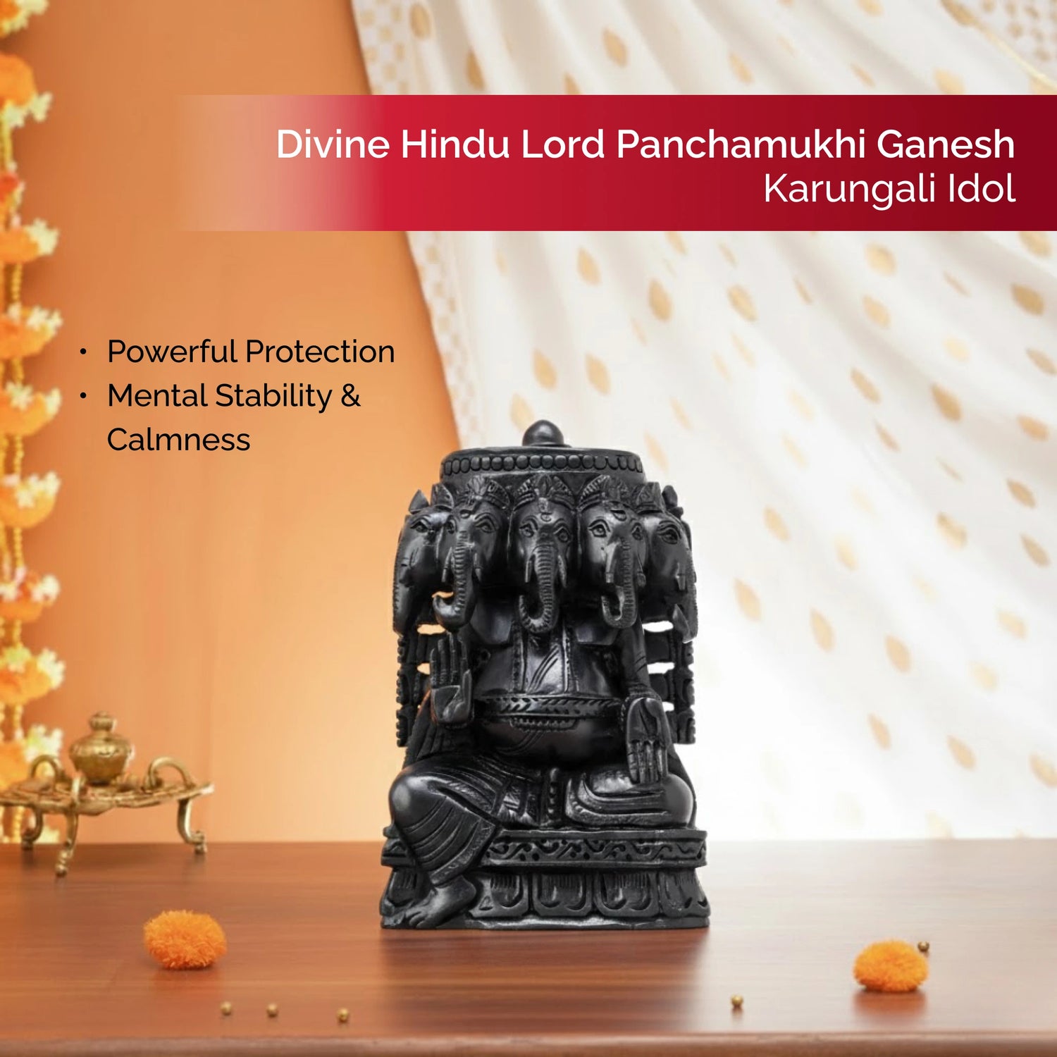 Divine Hindu Lord Panchamukhi Ganesh Karungali  Idol – Ebony  Wood