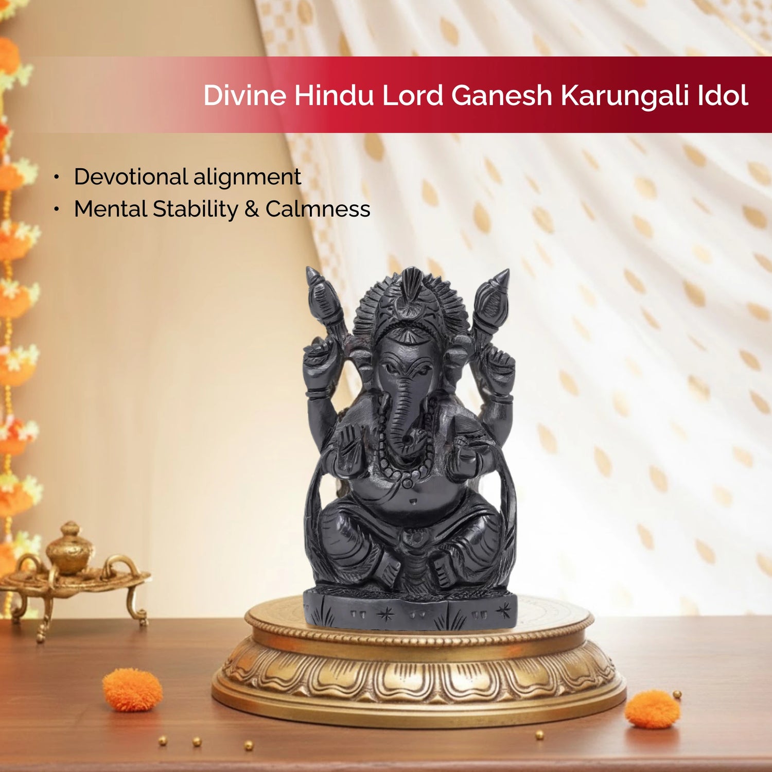 Divine Hindu Lord Ganesh Karungali Idol with Waving Stole– Ebony Wood