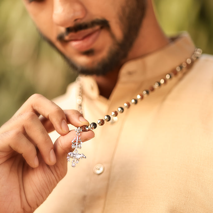 Rudraksha Karungali Malai (Silver-Cap) with Shiv Trishul & Nandi Pendant in Silver Finish Lifestyle Male