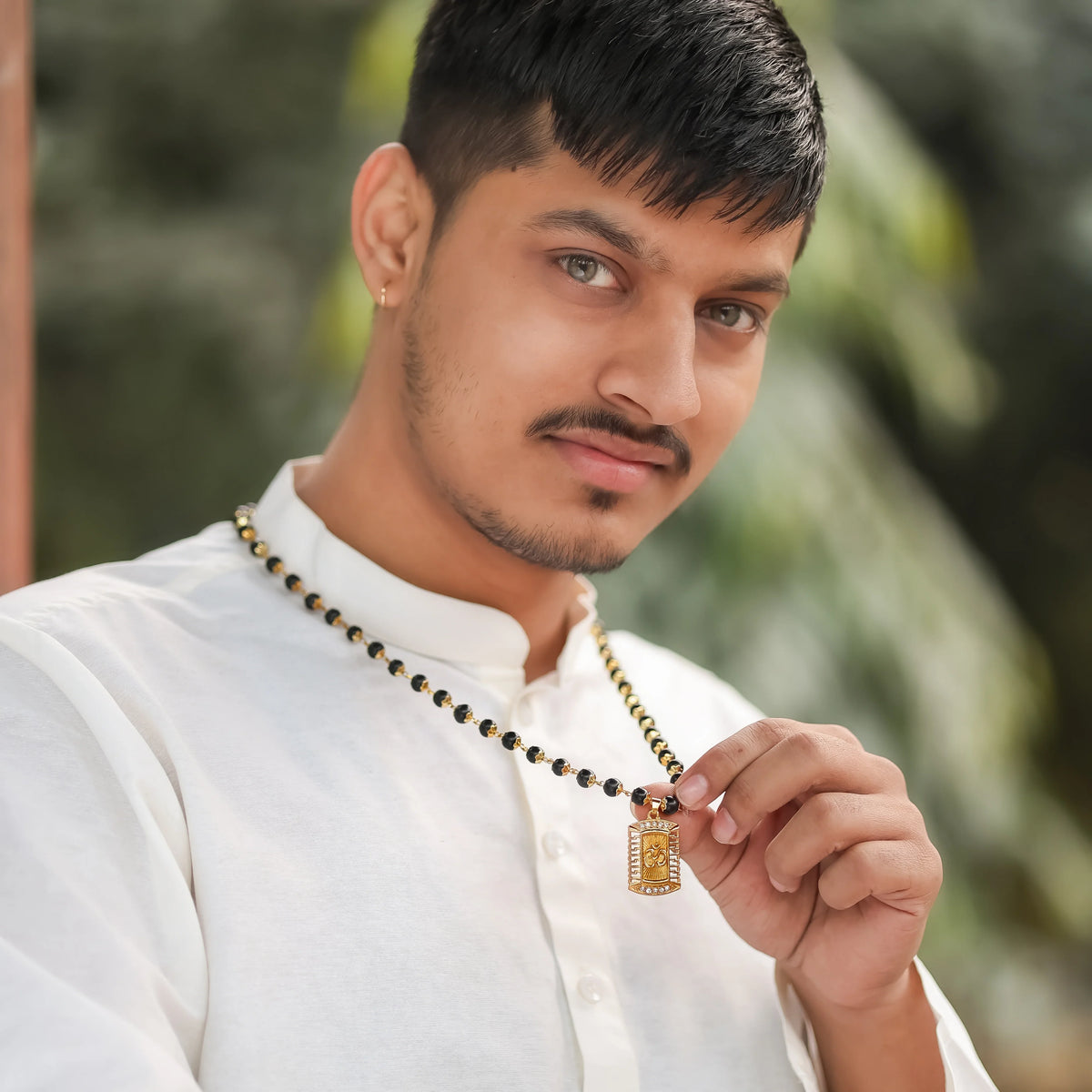 Om Engraved Statement Pendant with Gold Platted Karungali - view 9