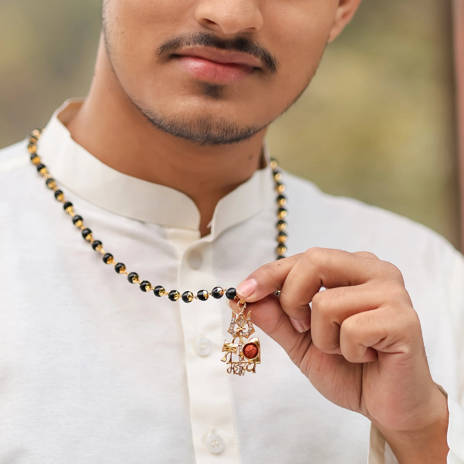 Mahadev Trishul Rudraksha Pendant with Gold-Plated Karungali - view 7