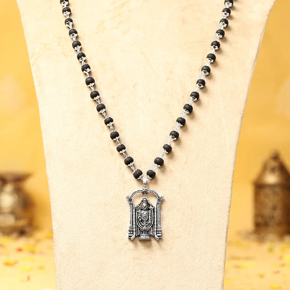 Silver-Capped Karungali Malai with Lord Venkateswara Balaji Pendant - view 3