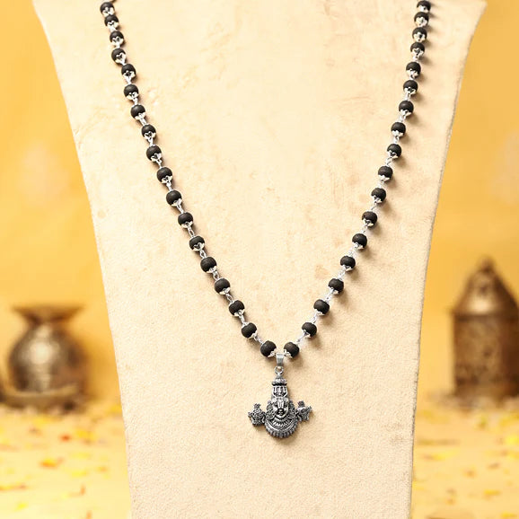 Silver-Capped Karungali Malai with Lord Venkateswara Face Pendant - view 3