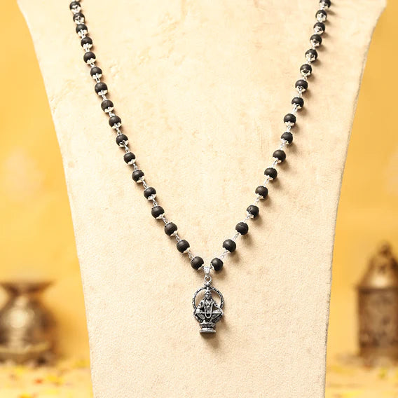 Silver-Capped Karungali Malai with Lord Ayyappa Pendant - view 4