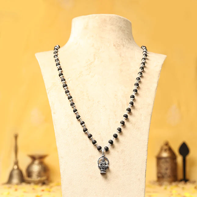 Silver-Capped Karungali Malai with Lord Ayyappa Pendant - view 3