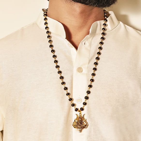 Divine Karungali Malai with Gold Capped Beads & Shiv Trishul Pendant - view 3