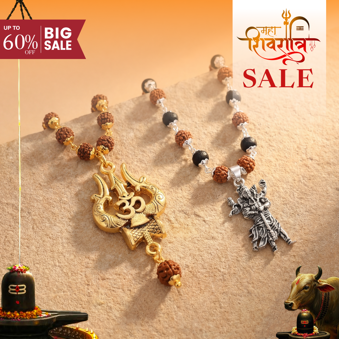 OM Shiva Trishool Rudraksha Necklace and Mahadev Murti Pendant Combo with Karungali