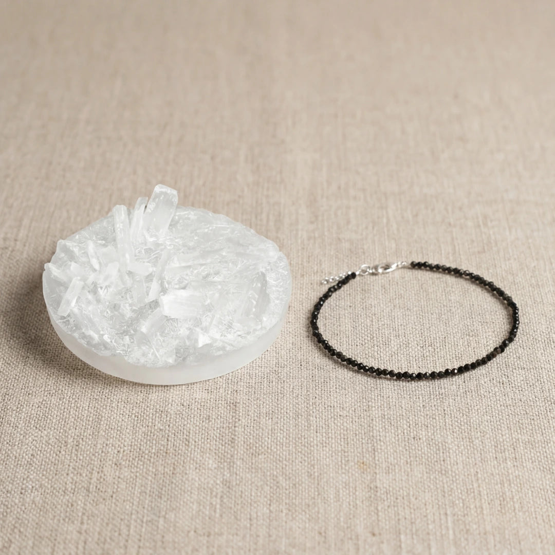 Black Tourmaline Anklet and Free Selenite plate for Protection and Grounding Combo