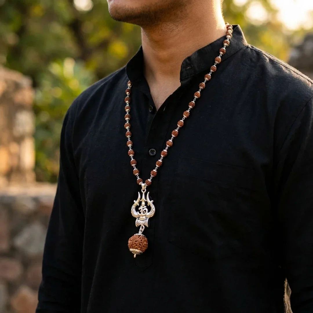 Silver Capped Rudraksha Mala with Trishul Damroo and 5 Mukhi Rudraksha - view 6