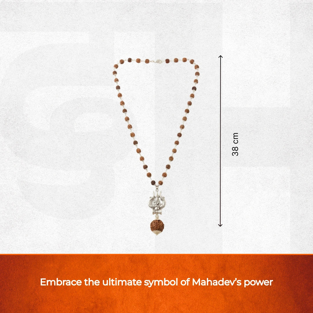 Silver Capped Rudraksha Mala with Trishul Damroo and 5 Mukhi Rudraksha - view 7