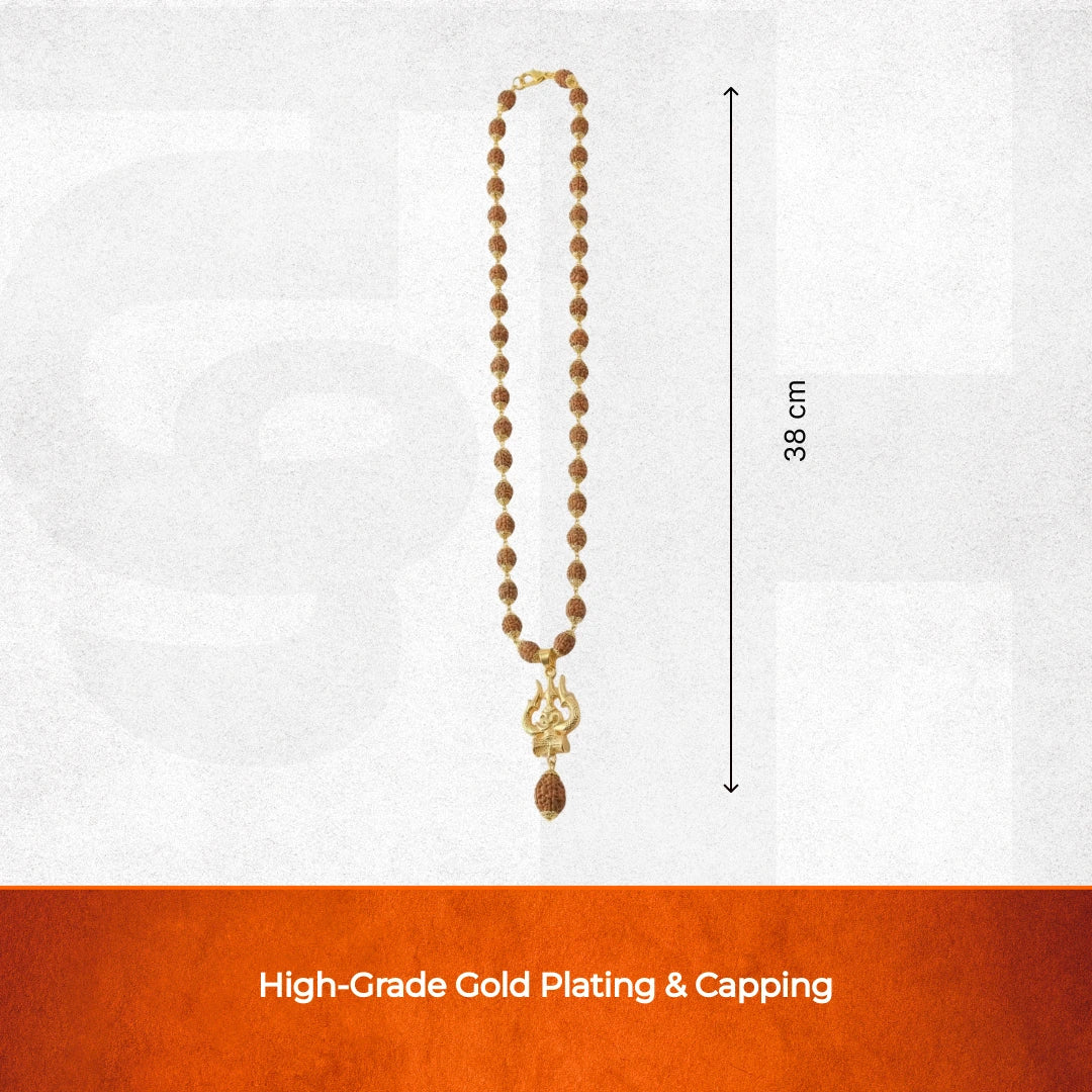 Gold Capped Rudraksha Mala with Trishul Damroo and 5 Mukhi Rudraksha - view 2