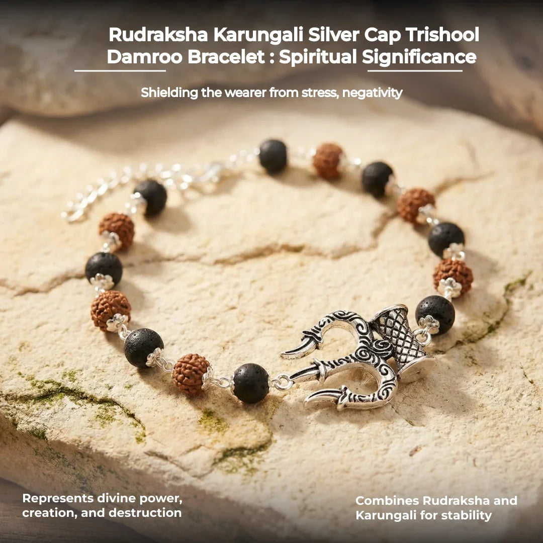 Rudraksha Karungali Silver Cap Trishool Damroo Bracelet - view 9