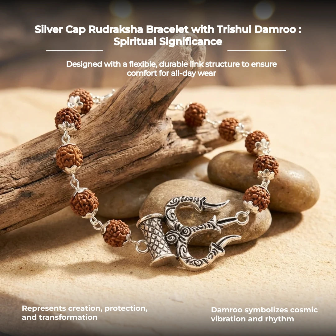 Silver Cap Rudraksha Bracelet with Trishul Damroo - view 4