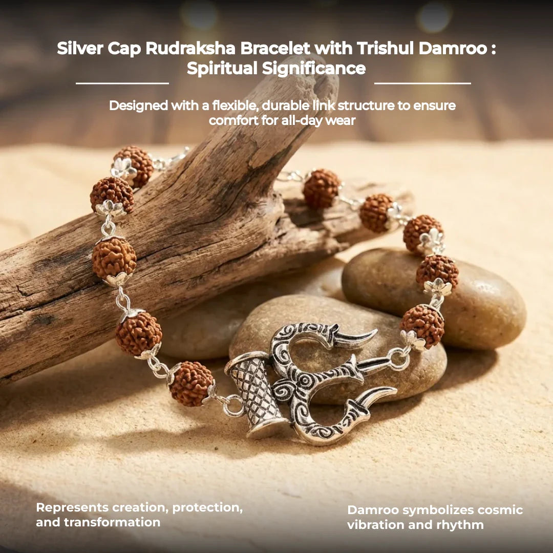 Silver Cap Rudraksha Bracelet with Trishul Damroo - view 10