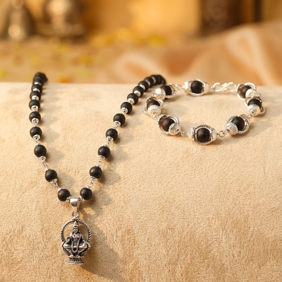 Lord Ayyappa Karungali Malai & Bracelet Silver Cap Combo (Govt Certified) - view 2