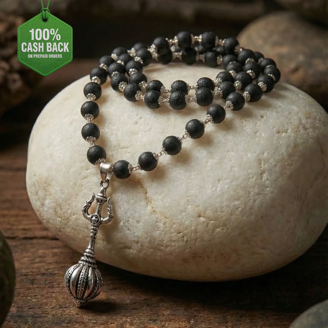 Silver Cap Karungali Mala With Hanuman Gada And Trishul - view 3
