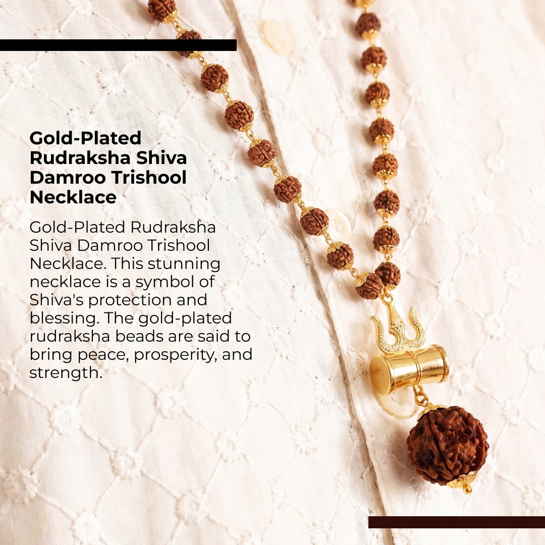 Gold-Plated Rudraksha Shiva Damroo Trishool Necklace - view 6