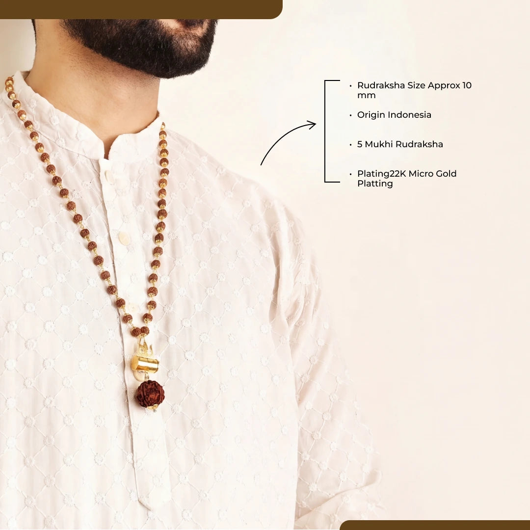 Gold-Plated Rudraksha Shiva Damroo Trishool Necklace
