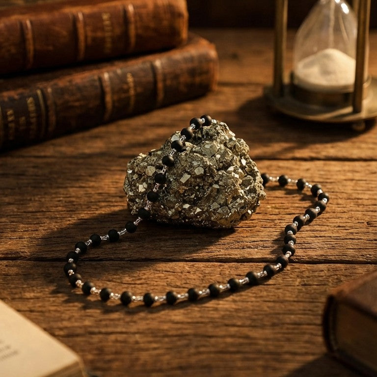 Karungali Malai Silver Cap Necklace & Raw Pyrite Combo (Certified)