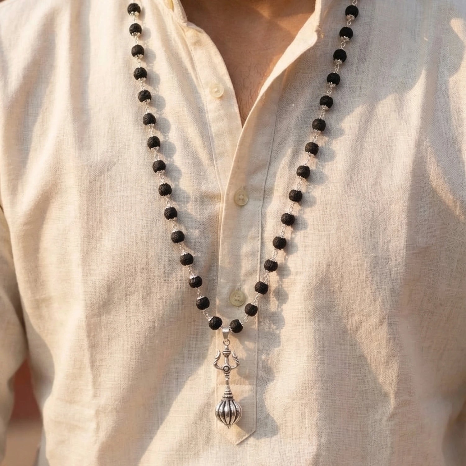 Silver Cap Karungali Mala With Hanuman Gada And Trishul - view 2
