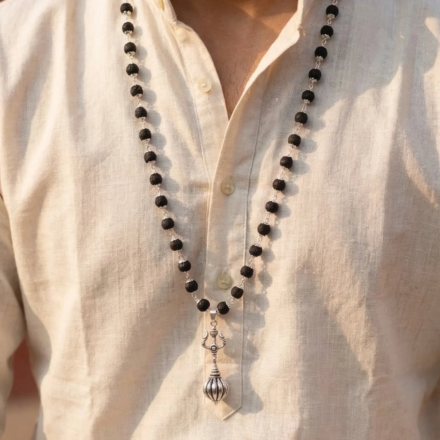 Silver Cap Karungali Mala With Hanuman Gada And Trishul - view 5