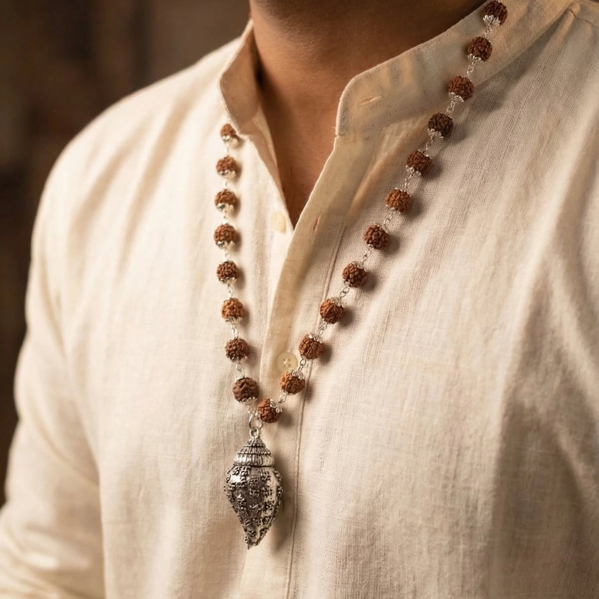 Rudraksha Mala With Shankh Pendant - view 3
