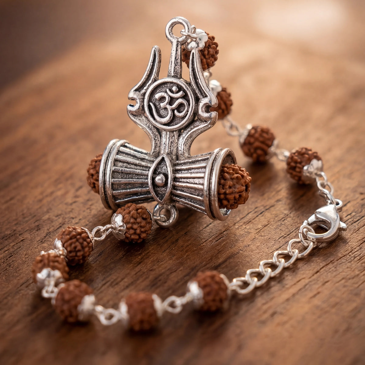 Silver Cap Rudraksha Bracelet with Trishul Damroo - view 4