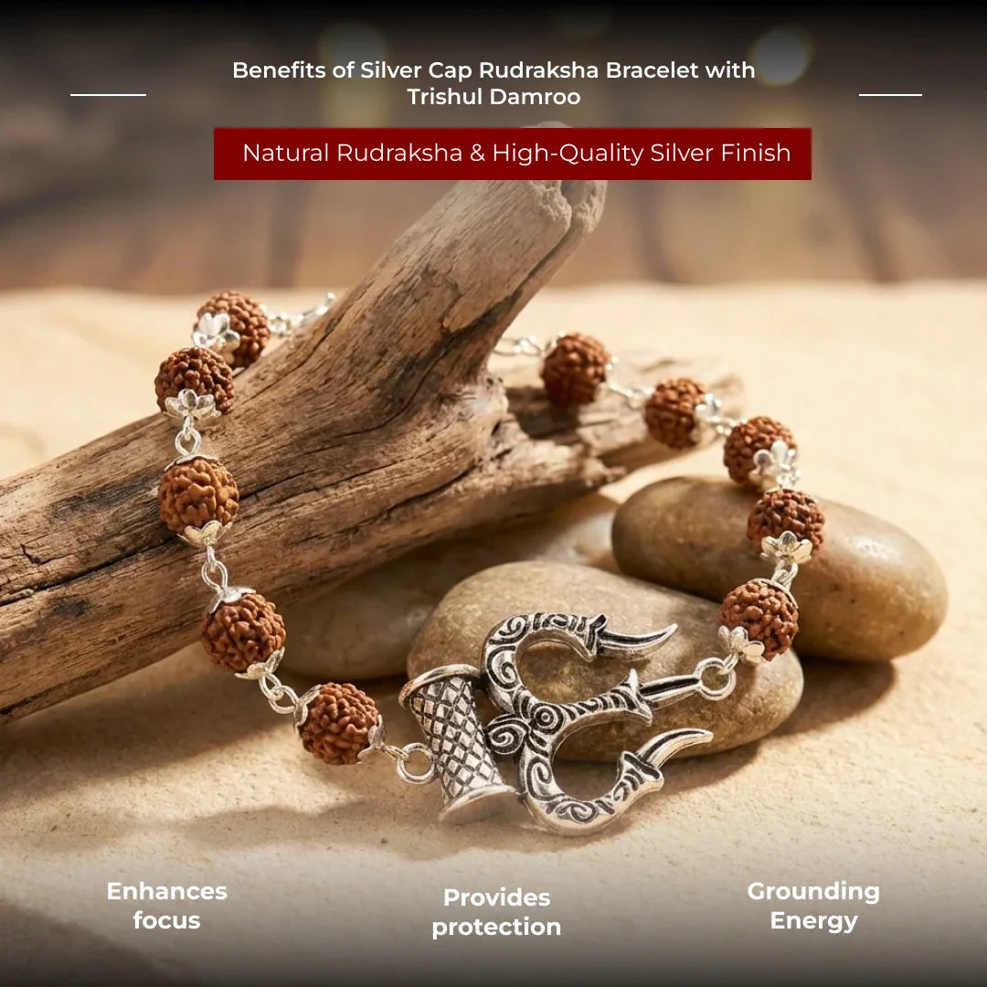 Silver Cap Rudraksha Bracelet with Trishul Damroo - view 11