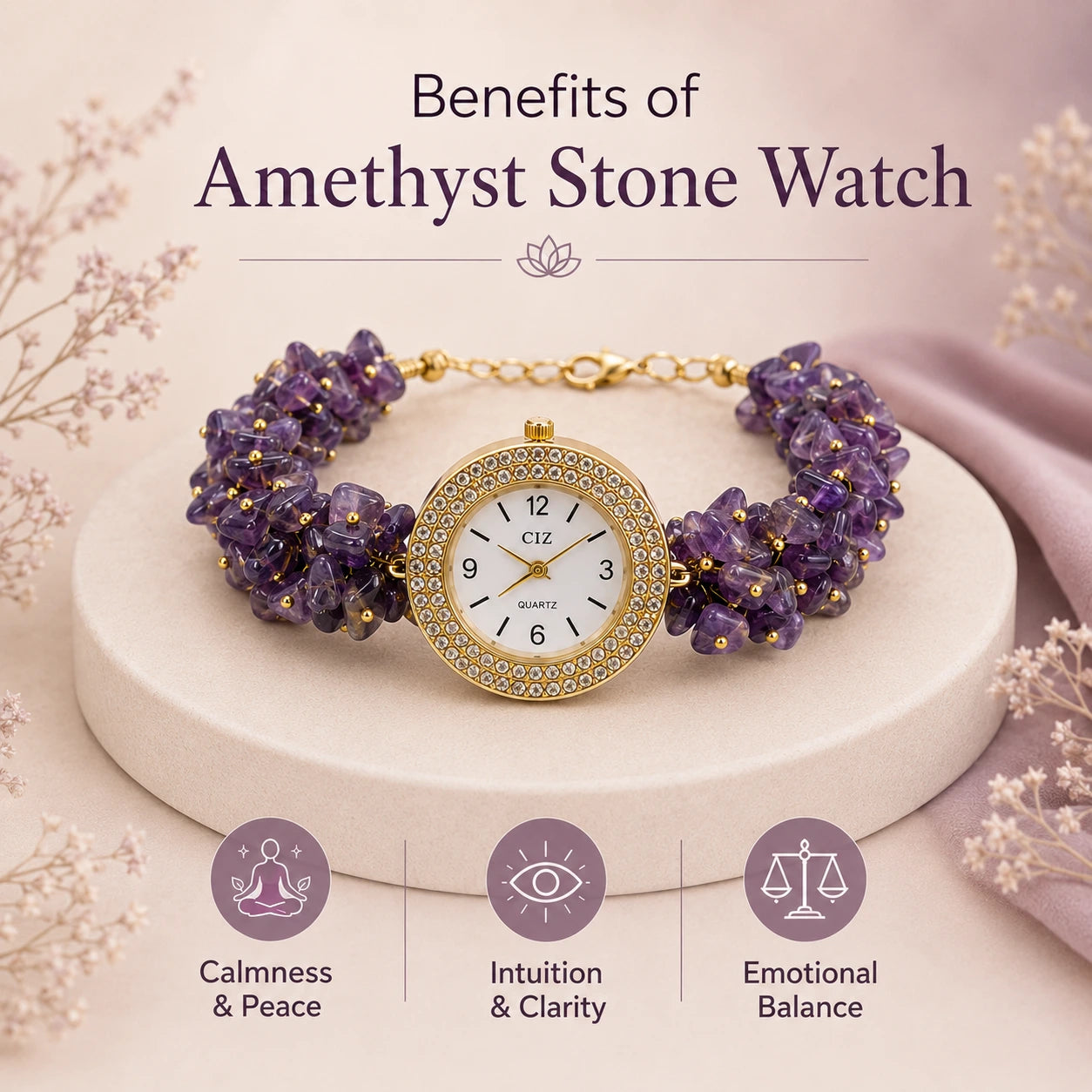 Natural Amethyst Stone Chips Watch | Purple Crystal Wrist Watch - view 3